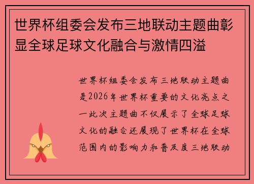 世界杯组委会发布三地联动主题曲彰显全球足球文化融合与激情四溢