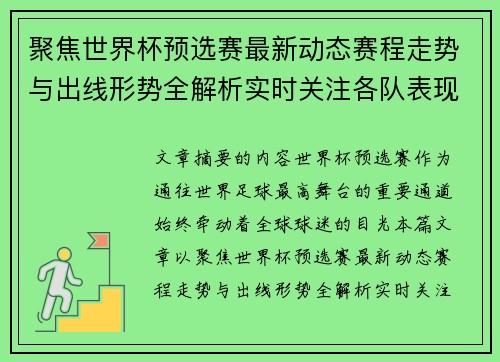 聚焦世界杯预选赛最新动态赛程走势与出线形势全解析实时关注各队表现